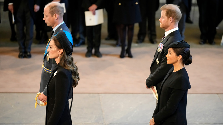 Princess Catherine, Prince William, Meghan Markle, and Prince Harry at queen's funeral