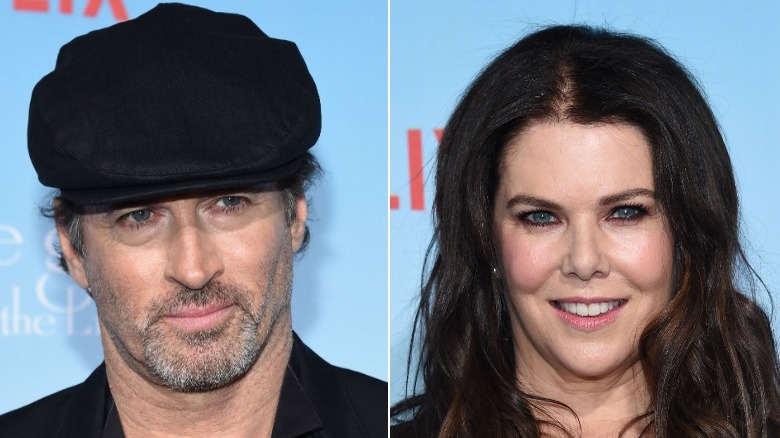 A side by side of Lauren Graham and Scott Patterson posing