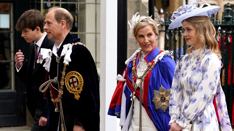 James, Earl of Wessex; Edward, Duke of Edinburgh; Sophie, Duchess of Edinburgh; Lady Louise Windsor walking