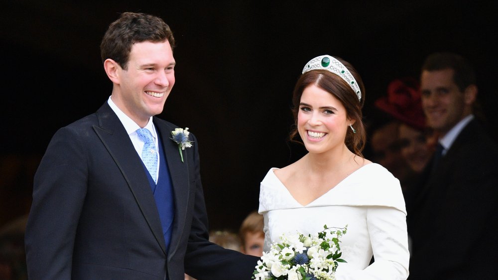 Princess Eugenie wearing the royal family's jewelry