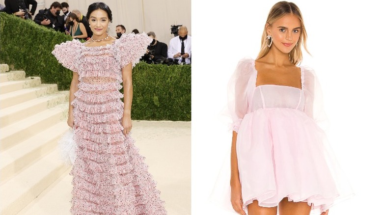 Women wearing Rodarte and Selkie pink ruffled dresses