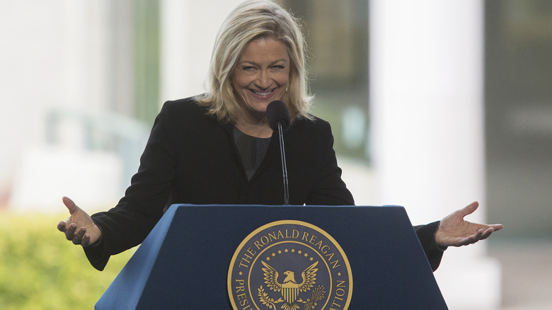 Diane Sawyer smiling during speech