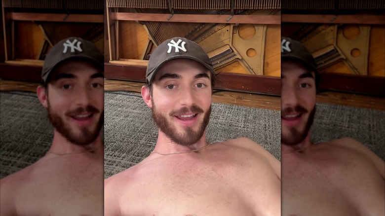 Greyson Chance shirtless in a New York Yankees hat