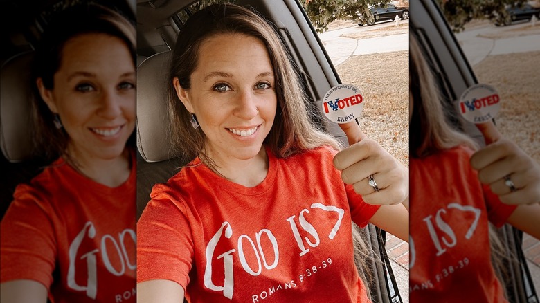 Jill Dillard with voting sticker and religious t-shirt