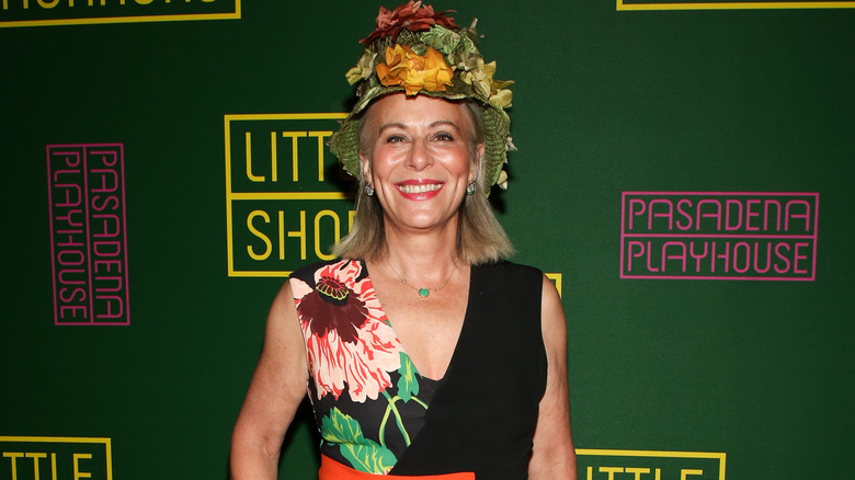 Jane Kaczmarek smiling in flower hat