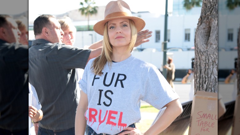 Mena Suvari protesting fur