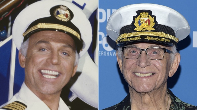 (Left) Gavin MacLeod during his days on The Love Boat & (right) Gavid MacLeod at an event in 2019