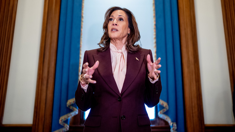 Kamala Harris holding hands out in front of herself