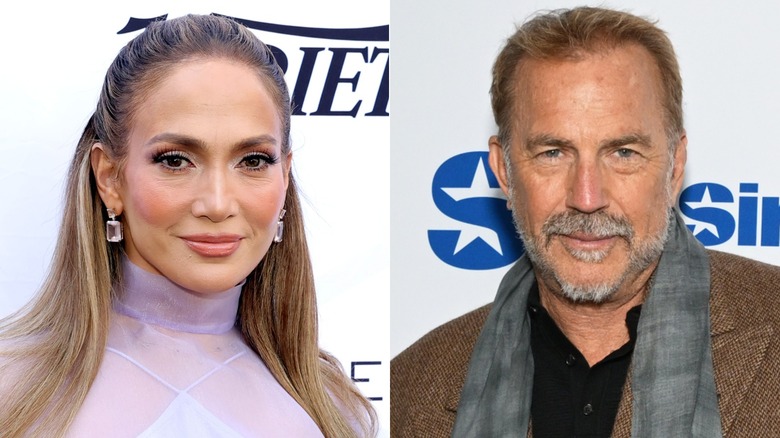 Jennifer Lopez and Kevin Costner, respectively, pose on the red carpet