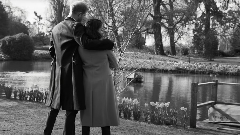 Harry and Meghan look out at a lake