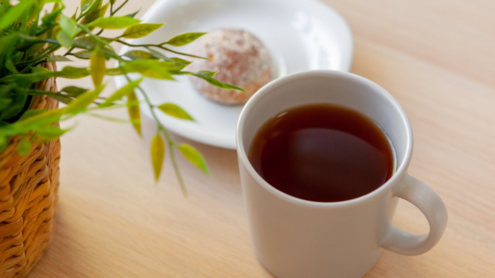 A cup of black tea with a snack and a plant