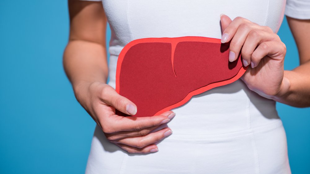 A woman holding an illustration of the liver