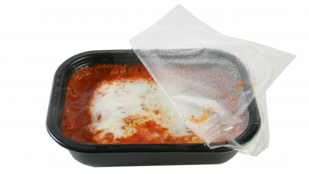 A frozen dish of lasagna, close-up