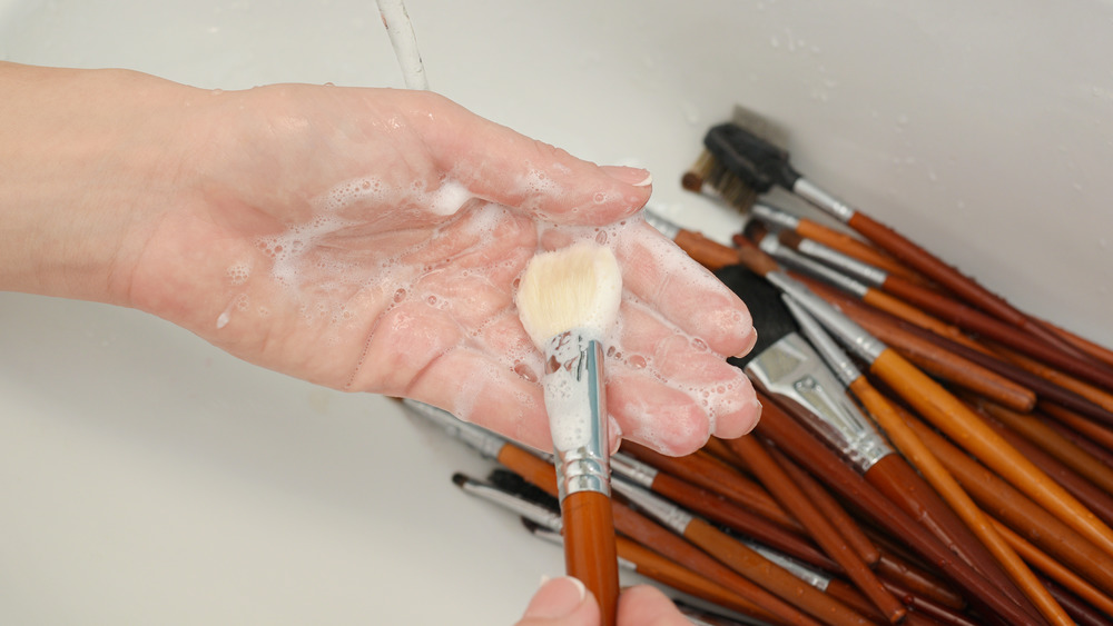 washing makeup brushes