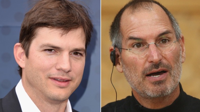 Ashton Kutcher smiling, Steven Jobs looking surprised