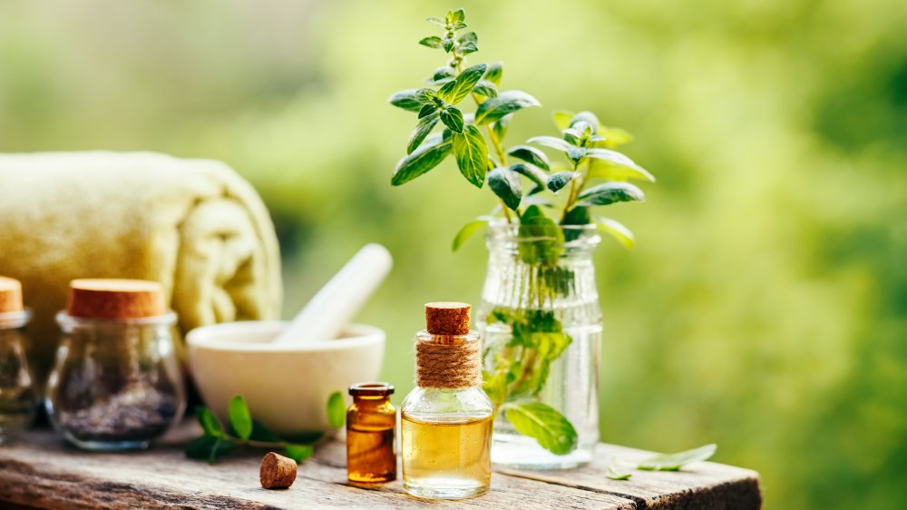 table with DIY tools, fresh peppermint, and peppermint oil