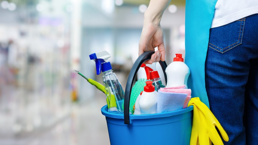 A woman holding a bucket of cleaning supplies