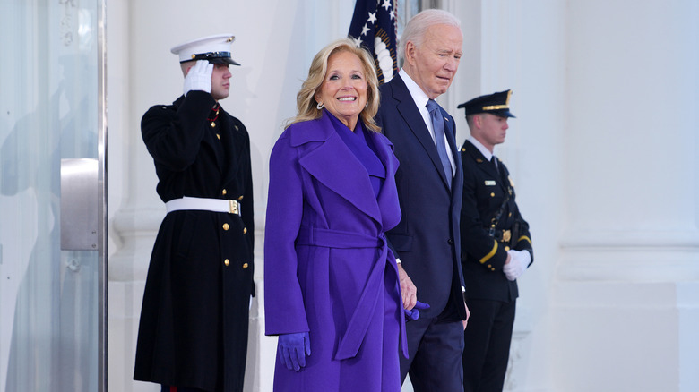 Joe and Jill Biden standing outside of the White House before Donald Trump's inauguration