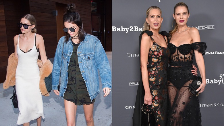 Gigi Hadid and Kendall Jenner walking; Sara and Erin Foster posing at an event