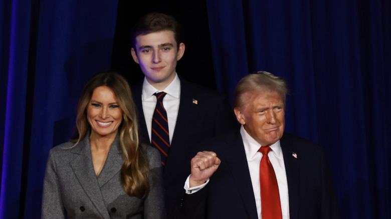 Melania Trump, Barron Trump and Donald Trump at an election night event in November 2024