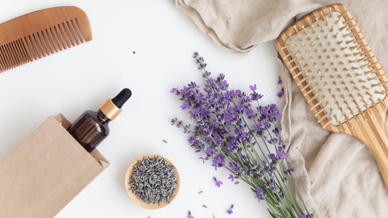 Flat lay of lavender and hair oil