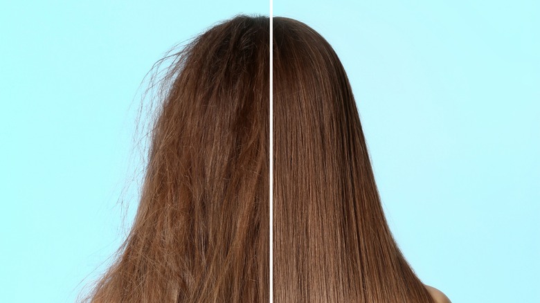 Side-by-side comparison of frizzy and straight hair