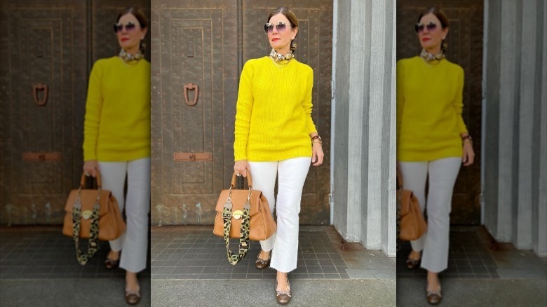 Woman posing in yellow and white denim