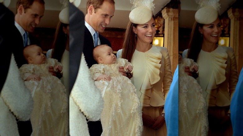 Prince William and Kate holding Prince George on christening