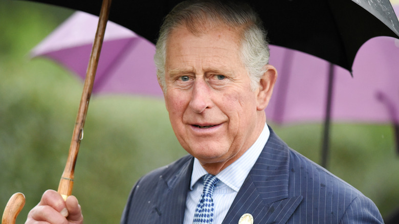 Prince Charles holding an umbrella