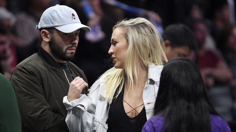 Emily Wilkinson talking to Baker Mayfield