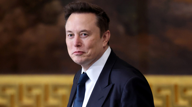 Elon Musk wearing a suit gives a little smile as his photo is taken