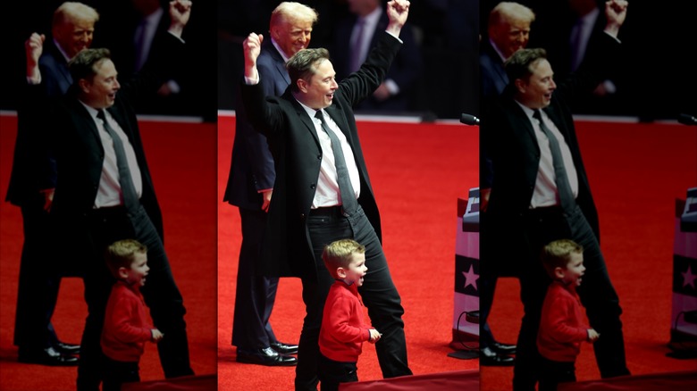 Donald Trump, Elon Musk, and X Æ A-Xii onstage at a campaign rally