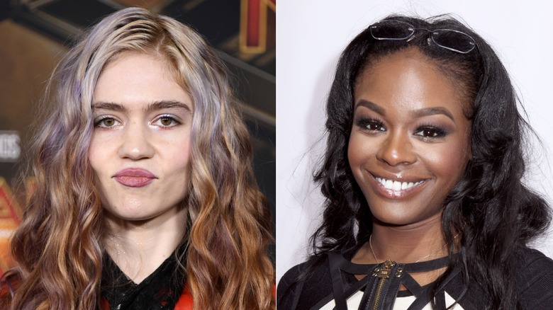 A split image of a disconcerted-looking Grimes and a smiling Azealia Banks