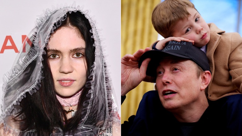 A split image of Grimes and Elon Musk with X on his shoulders