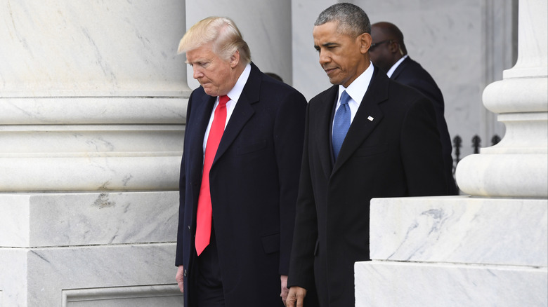 Donald Trump and Barack Obama walking