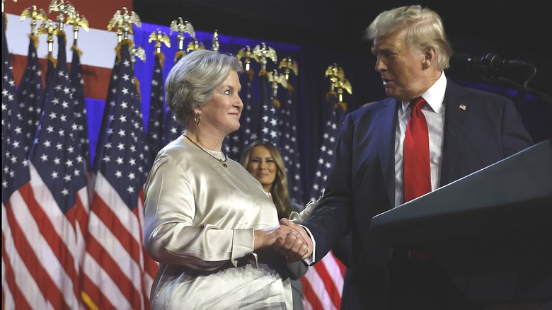 Donald Trump shaking Susie Wiles' hand election night