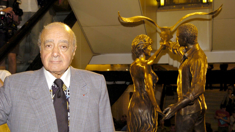 Mohamed Al-Fayed with Princess Diana and Dodi Fayed statue