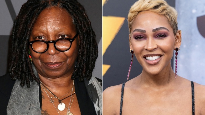 Whoopi Goldberg and Meagan Good in a split image