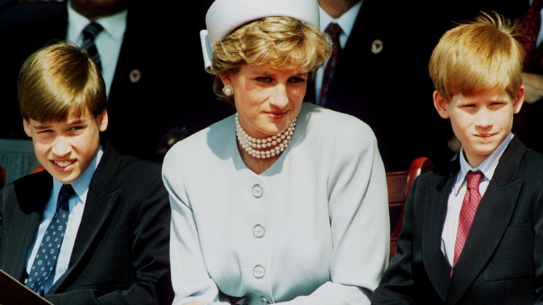 Princess Diana sitting in between Prince William and Prince Harry