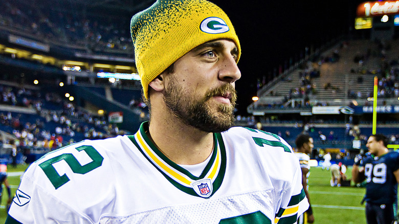 Aaron Rodgers on the football field 