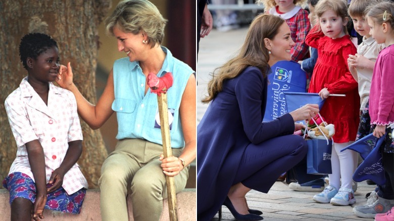 Left: Princess Diana stroking child's face, Right: Kate Middleton kneeling down to talk to children