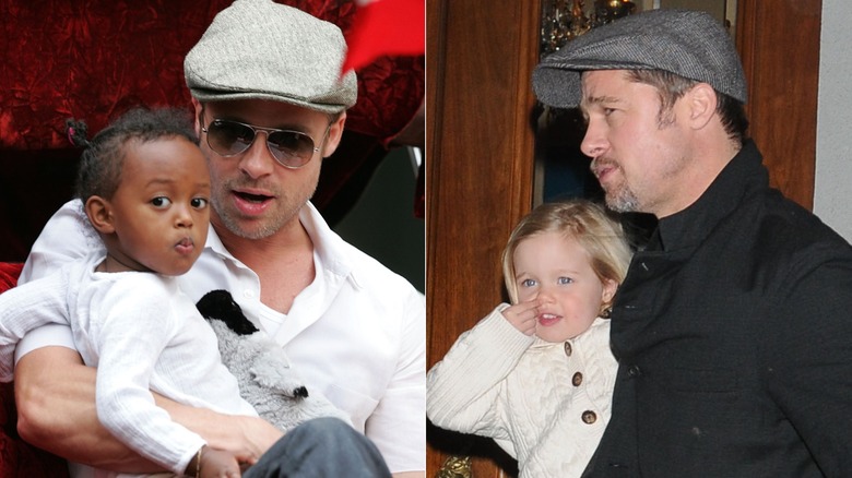 Split image of Brad Pitt holding daughters Zahara and Shiloh when they were toddlers