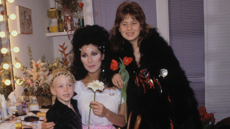 Elijah Blue Allman, Cher, and Chastity Bono pose in Cher's dressing room