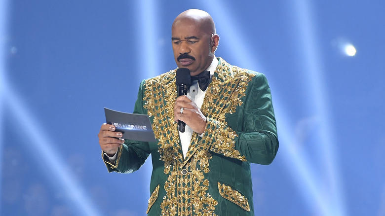 Steve Harvey speaks during 2019 Miss Universe Pageant