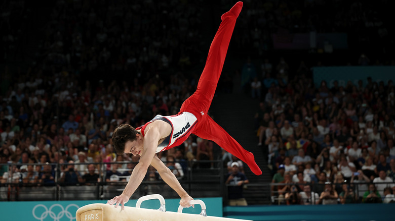 Stephen Nedoroscik performing on the pommel horse