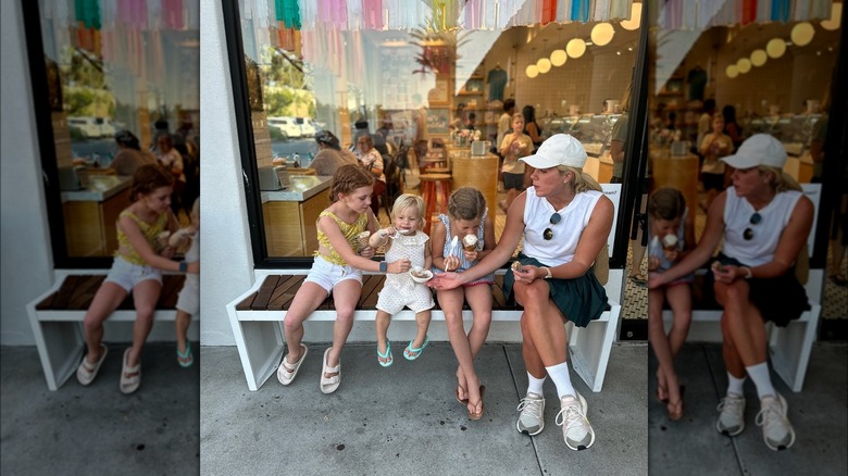 Shea McGee and her three daughters eating ice cream on a store front bench