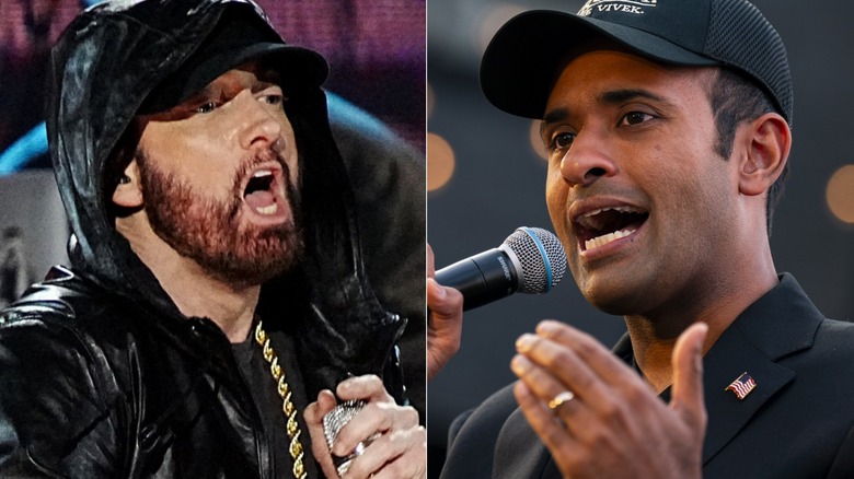 Left: Eminem rapping / Right: Vivek Ramaswamy speaking