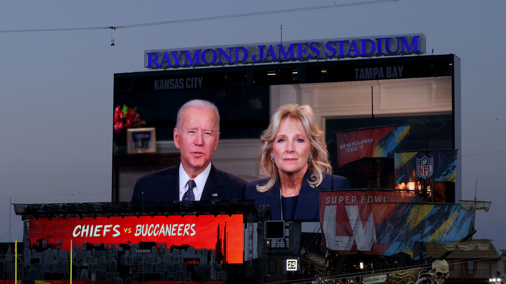 Joe and Jill Biden onscreen at the Super Bowl