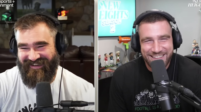 Travis and Jason Kelce talking on their podcast