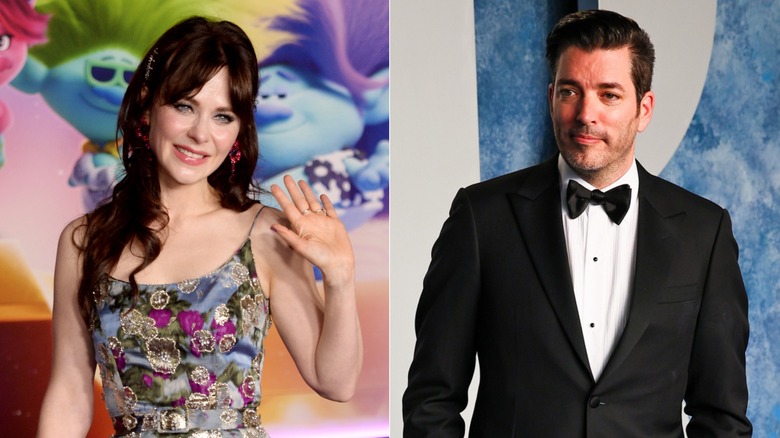 Zooey Deschanel waving & Jonathan Scott posing